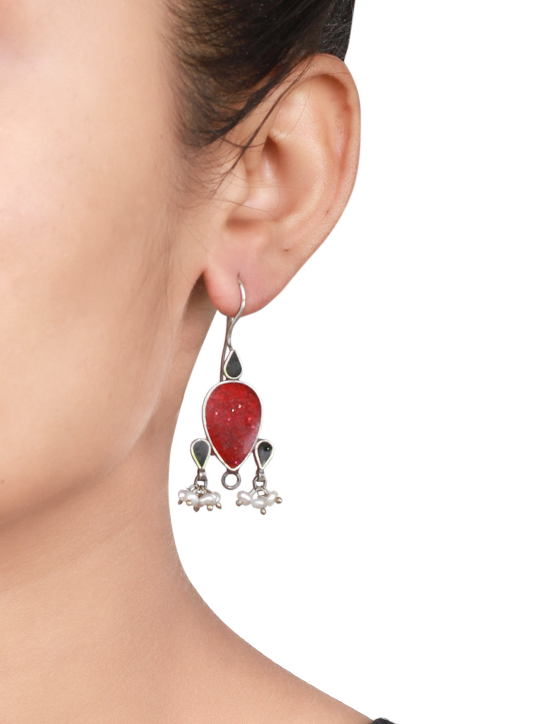 Sangeeta Boochra Red Tribal Silver Earrings-Earrings-Sangeeta Boochra