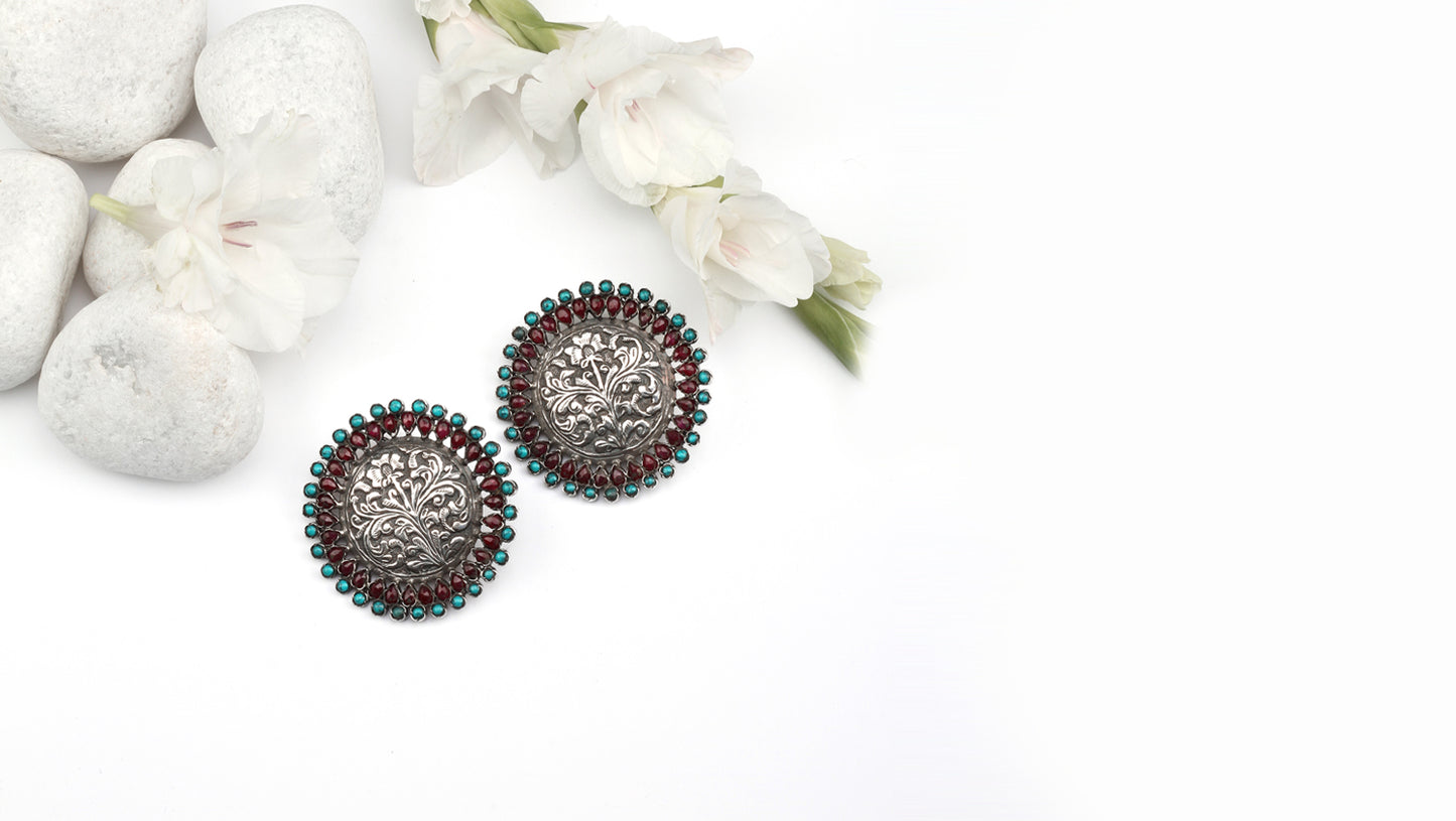 Sangeeta Boochra Green Tribal Silver Earrings