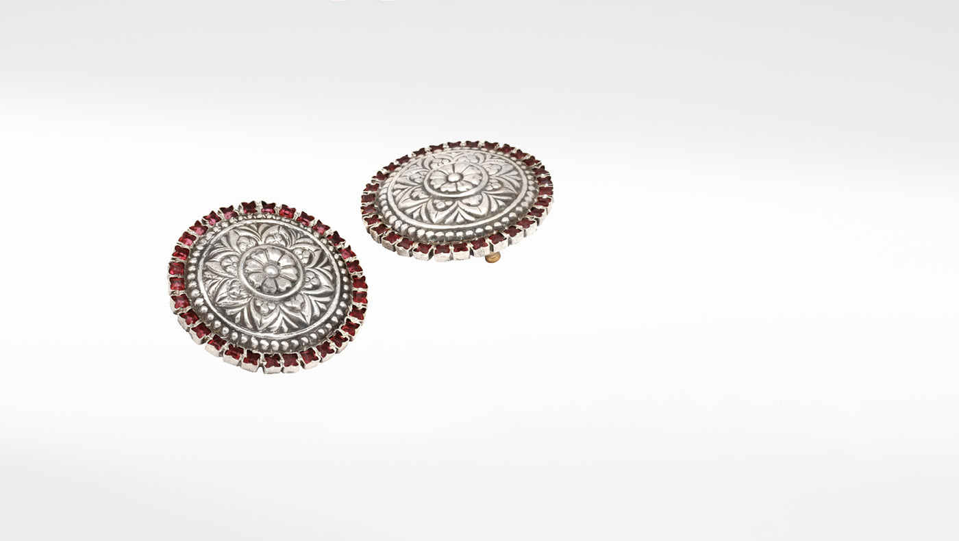 Sangeeta Boochra Red Tribal Silver Earrings