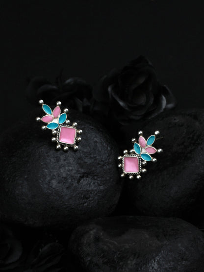 Sangeeta Boochra Pink Blue Tribal Silver Earrings-Earrings-Sangeeta Boochra