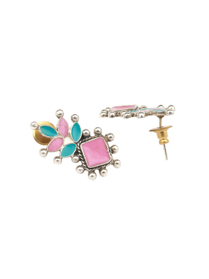 Sangeeta Boochra Pink Blue Tribal Silver Earrings-Earrings-Sangeeta Boochra