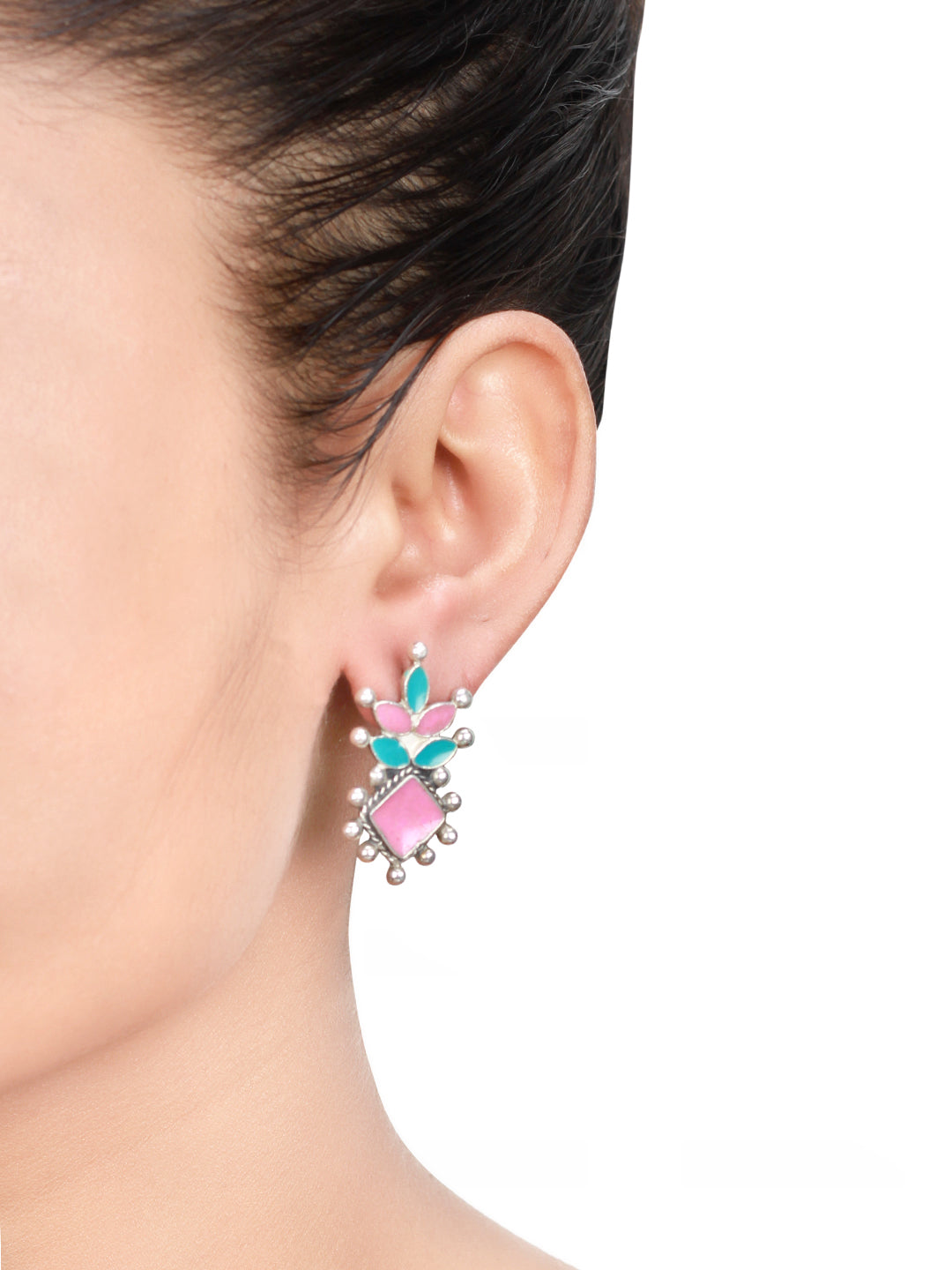 Sangeeta Boochra Pink Blue Tribal Silver Earrings-Earrings-Sangeeta Boochra