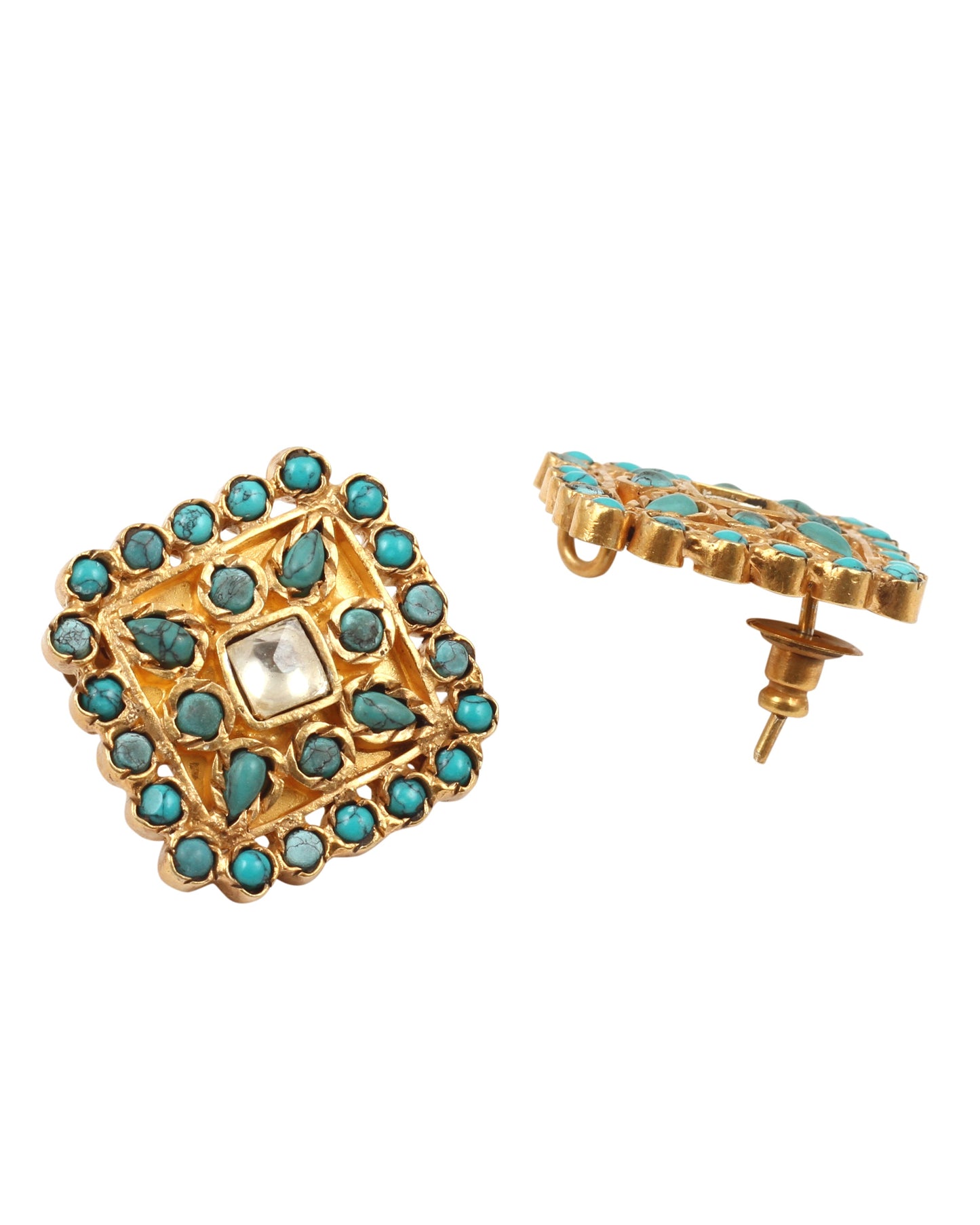 Sangeeta Boochra Turquoise Gold Tone Tribal Silver Earrings-Earrings-Sangeeta Boochra