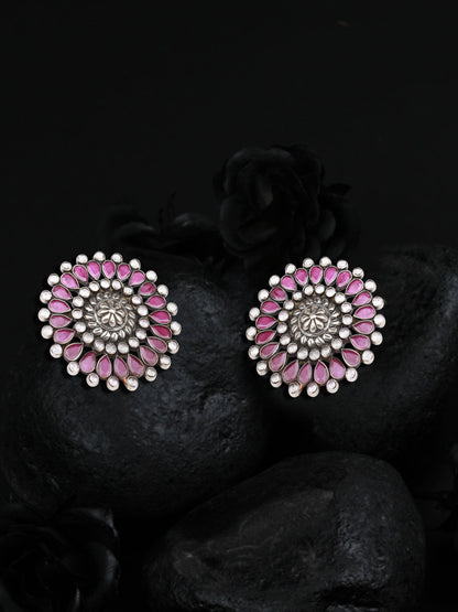 Sangeeta Boochra Pink Tribal Silver Earrings-Earrings-Sangeeta Boochra