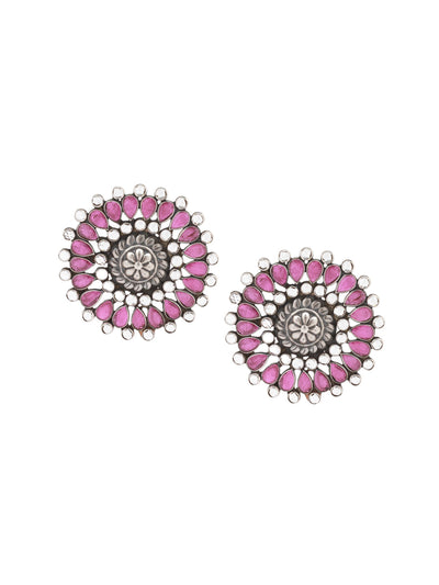 Sangeeta Boochra Pink Tribal Silver Earrings-Earrings-Sangeeta Boochra