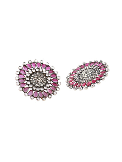 Sangeeta Boochra Pink Tribal Silver Earrings-Earrings-Sangeeta Boochra