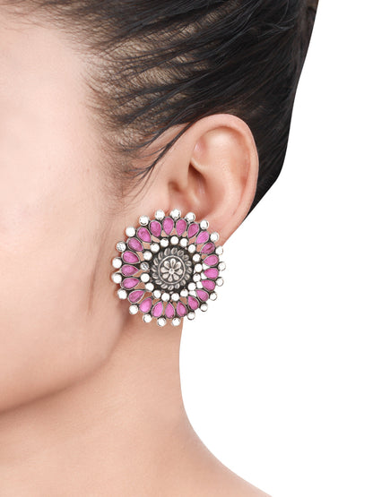 Sangeeta Boochra Pink Tribal Silver Earrings-Earrings-Sangeeta Boochra