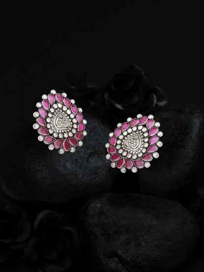 Sangeeta Boochra Pink Tribal Silver Earrings-Earrings-Sangeeta Boochra