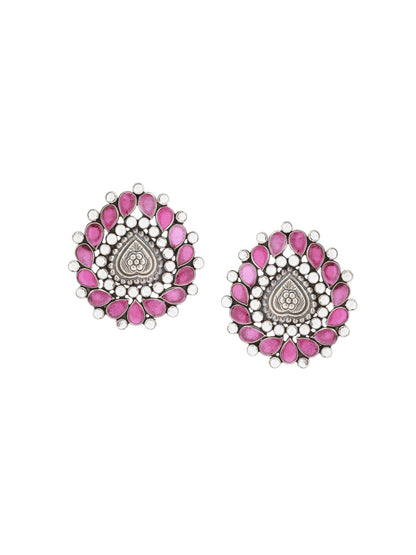 Sangeeta Boochra Pink Tribal Silver Earrings-Earrings-Sangeeta Boochra