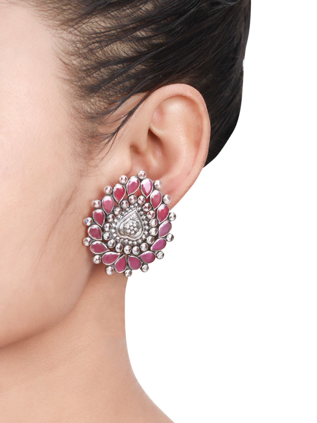 Sangeeta Boochra Pink Tribal Silver Earrings-Earrings-Sangeeta Boochra