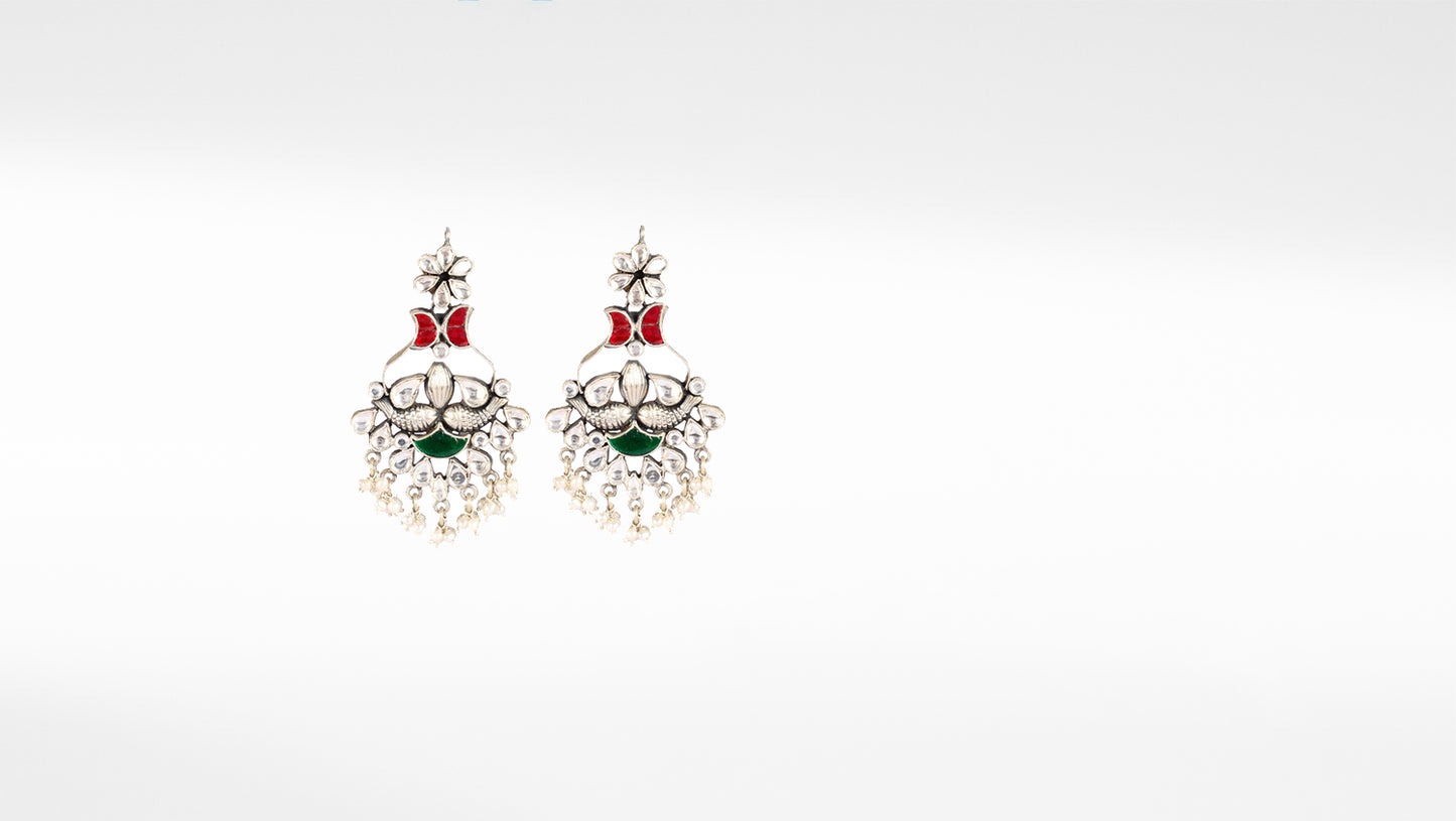 Sangeeta Boochra Red Green Silver Tone Handmade Earrings with Pearls