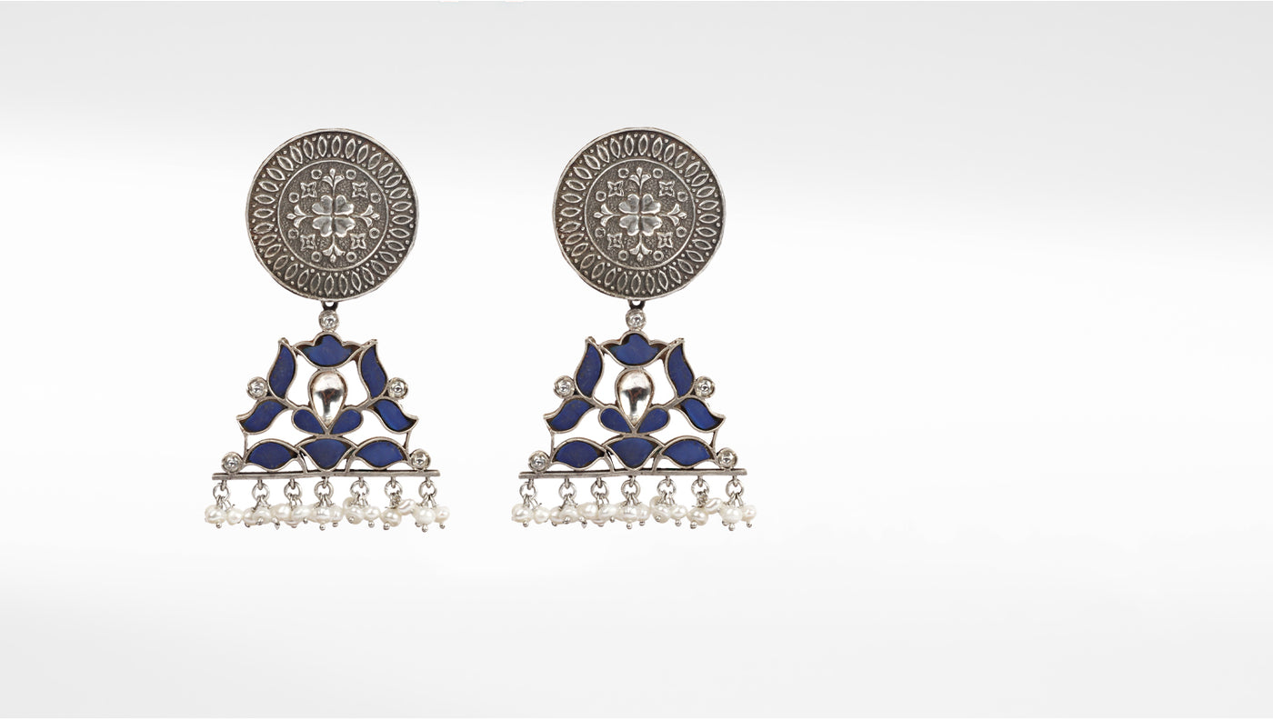 Sangeeta Boochra Blue Tribal Silver Earrings With Pearls