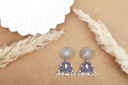 Sangeeta Boochra Blue Tribal Silver Earrings With Pearls