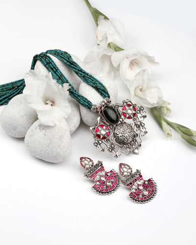 Raqs Silver Necklace with Kundan Earrings-Sets-Sangeeta Boochra