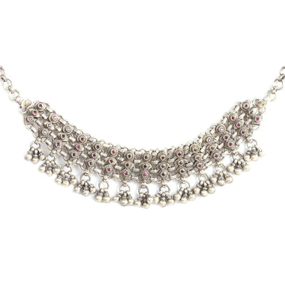 Sabaism Silver Necklace Studded with Ruby Stones-Necklace-Sangeeta Boochra