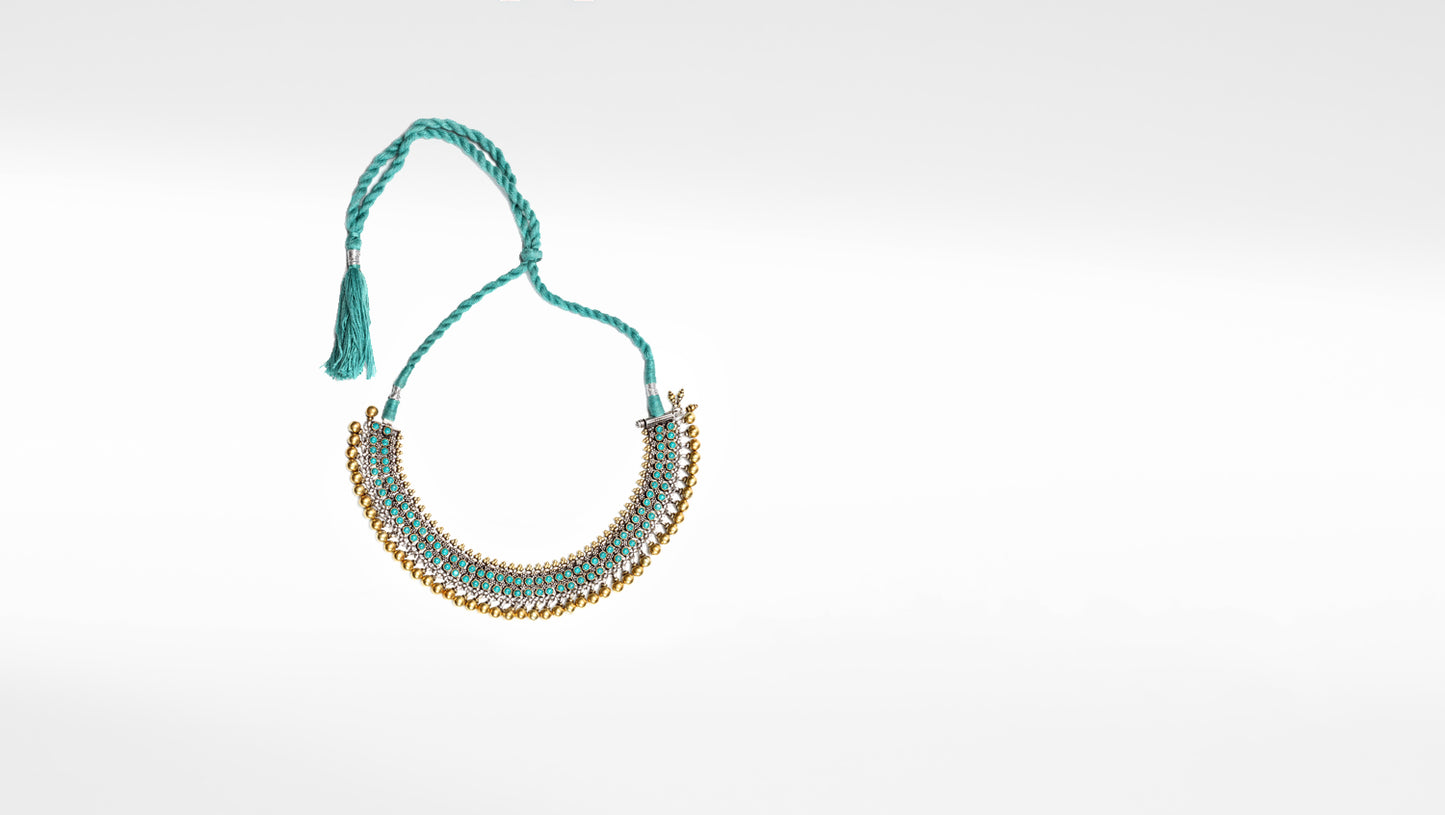 Sangeeta Boochra Dual Tone Silver Necklace With Turquoise Stone