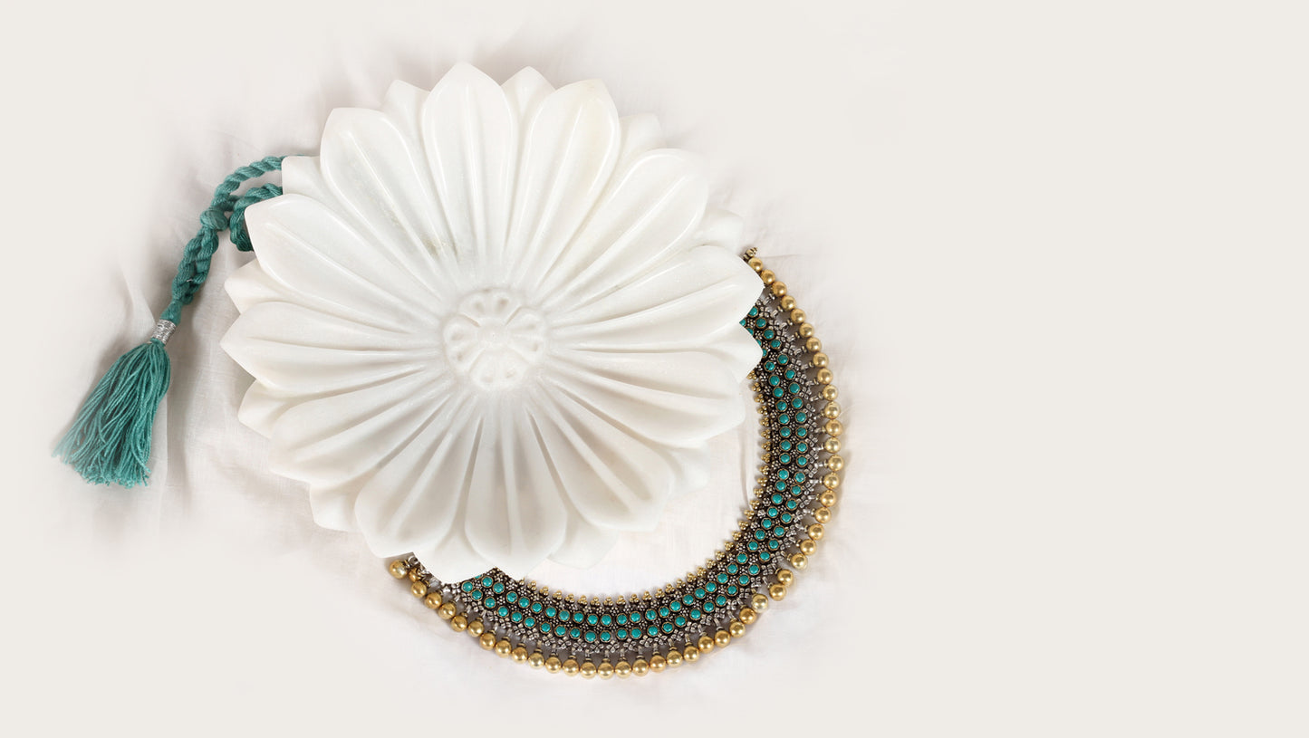 Sangeeta Boochra Dual Tone Silver Necklace With Turquoise Stone