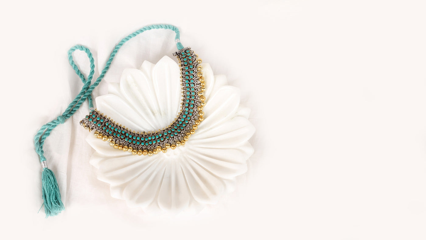 Sangeeta Boochra Dual Tone Silver Necklace With Turquoise Stone