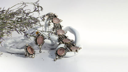 Qurbat Silver Rose Quartz Necklace with Earrings and Ring