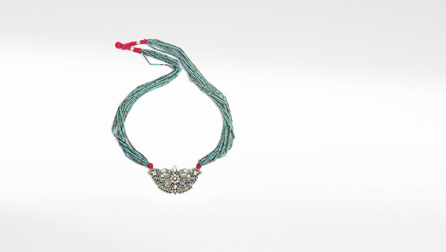 Sangeeta Boochra Green Tribal Silver Necklace