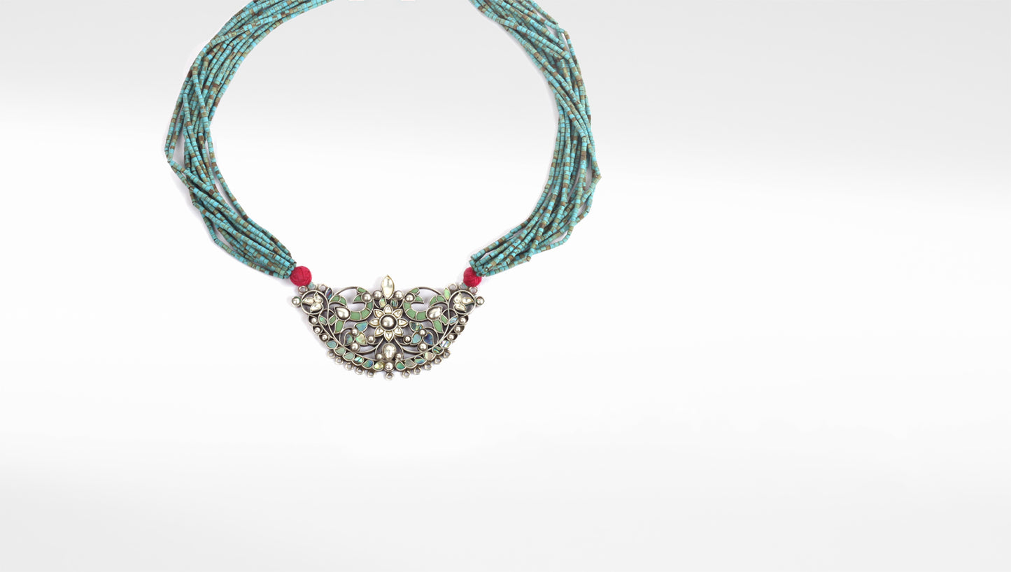 Sangeeta Boochra Green Tribal Silver Necklace