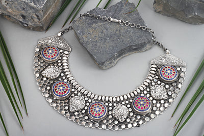 Sangeeta Boochra Multicolor Tribal Silver Necklace