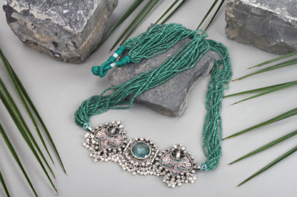 Sangeeta Boochra Green Tribal Silver Necklace