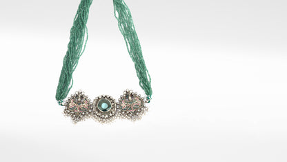 Sangeeta Boochra Green Tribal Silver Necklace