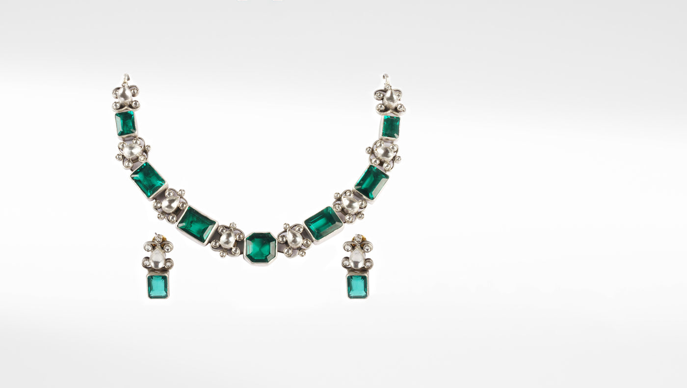 Emerald Green Silver Necklace Set with Earrings