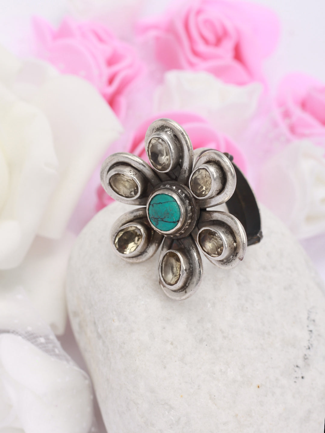Sangeeta Boochra Turquoise Dual Tone Tribal Silver Adjustable Ring-Ring-Sangeeta Boochra