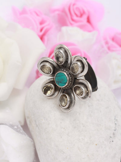 Sangeeta Boochra Turquoise Dual Tone Tribal Silver Adjustable Ring-Ring-Sangeeta Boochra