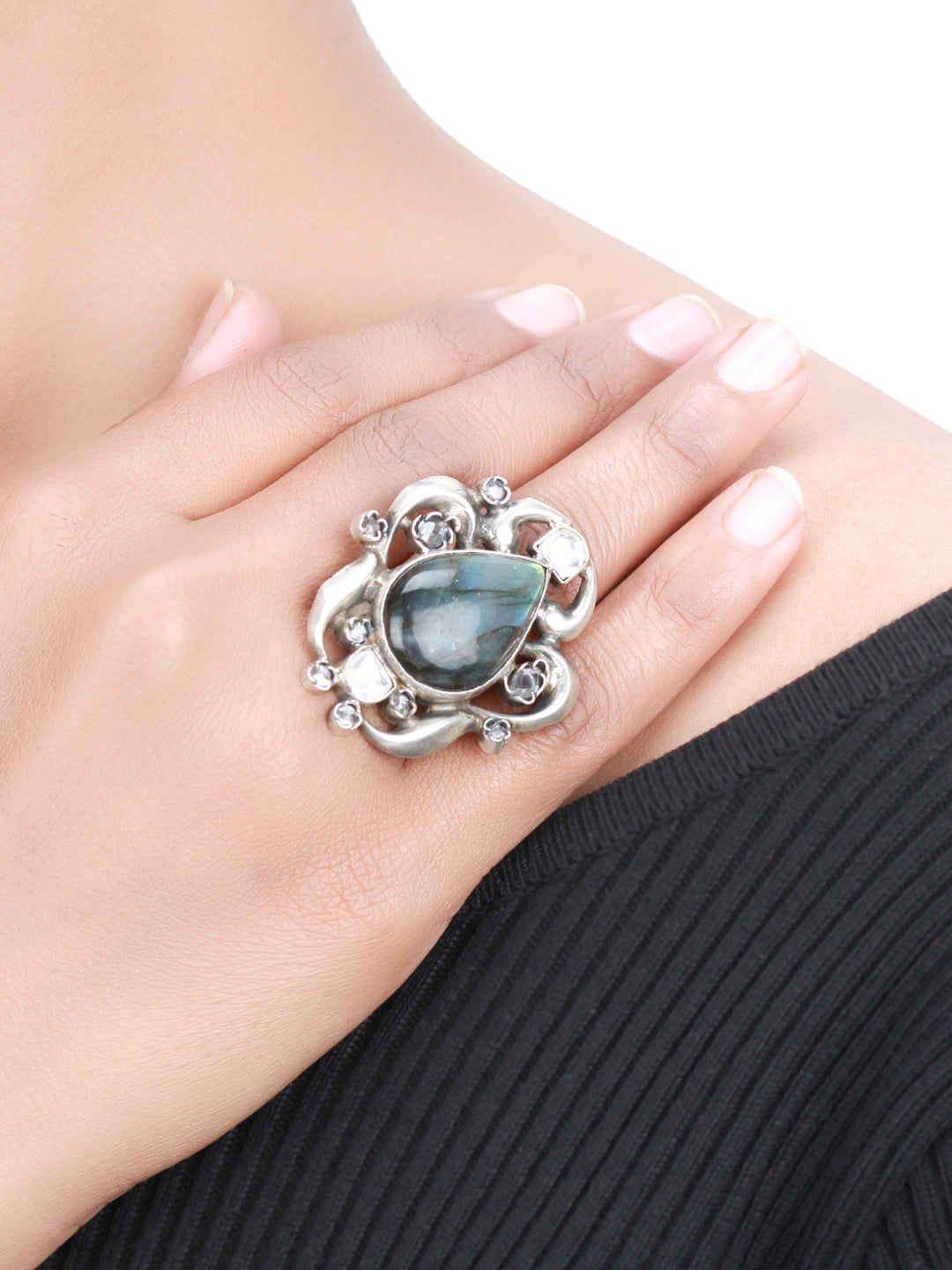 Sangeeta Boochra Blue Tribal Silver Adjustable Ring-Ring-Sangeeta Boochra