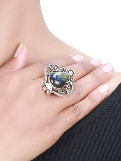 Sangeeta Boochra Blue Tribal Silver Adjustable Ring-Ring-Sangeeta Boochra