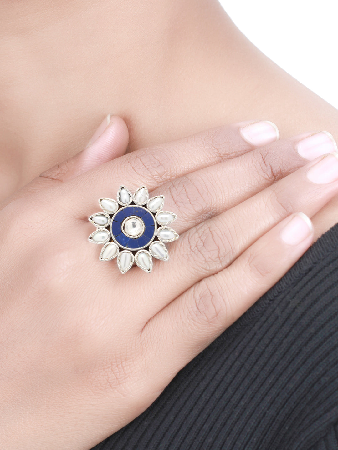 Sangeeta Boochra Blue Tribal Silver Adjustable Ring-Ring-Sangeeta Boochra