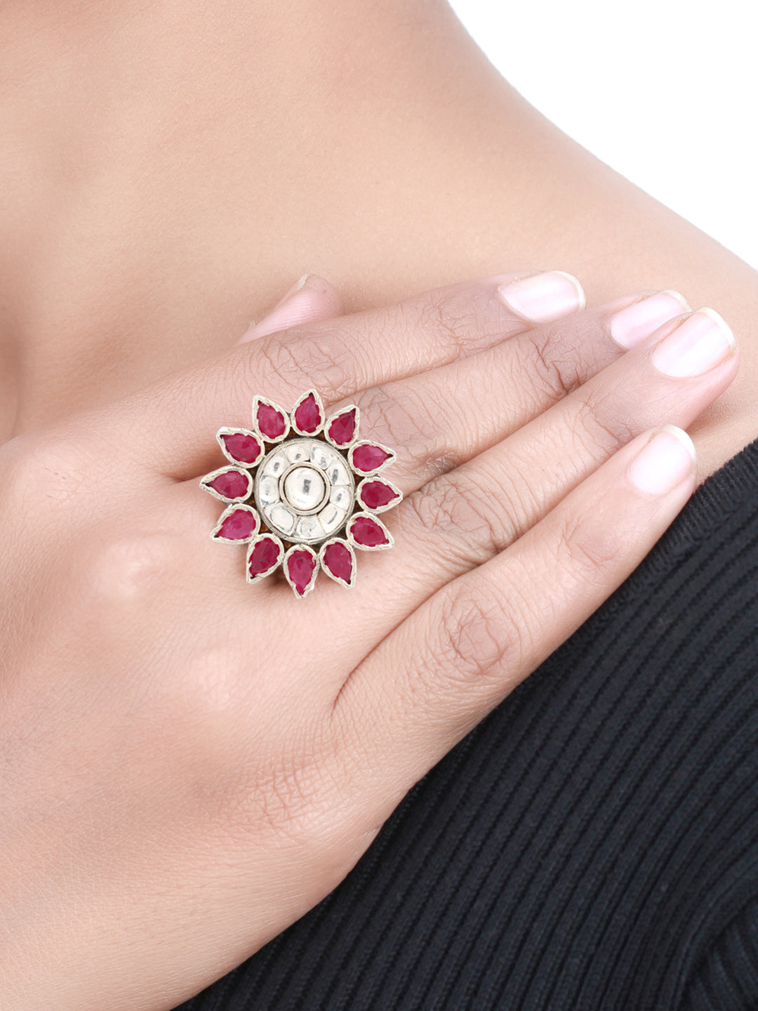 Sangeeta Boochra Red Tribal Silver Adjustable Ring-Ring-Sangeeta Boochra