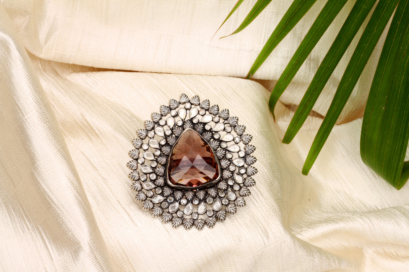 Sangeeta Boochra Silver Oxidised Adjustable Motifs Floral Ring with Triangle Shaped Gemstone-Ring-Sangeeta Boochra
