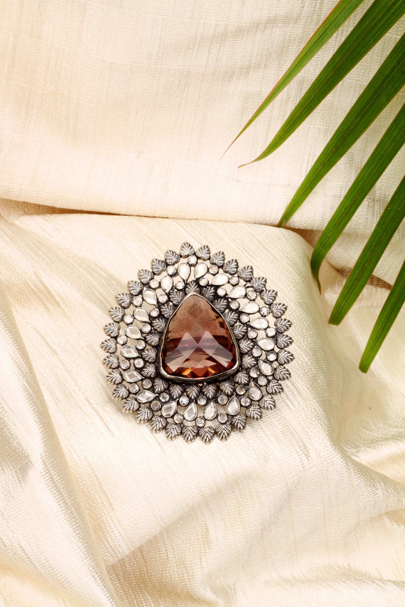 Sangeeta Boochra Silver Oxidised Adjustable Motifs Floral Ring with Triangle Shaped Gemstone-Ring-Sangeeta Boochra