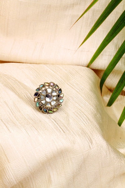 Sangeeta Boochra Silver Oxidised Adjustable Traditional Ring with Floral Gemstone Worked-Ring-Sangeeta Boochra