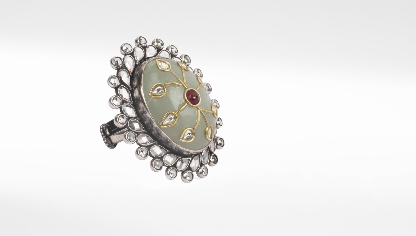 Sangeeta Boochra Green Tribal Silver Adjustable Ring