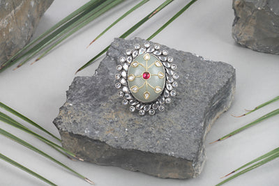 Sangeeta Boochra Green Tribal Silver Adjustable Ring